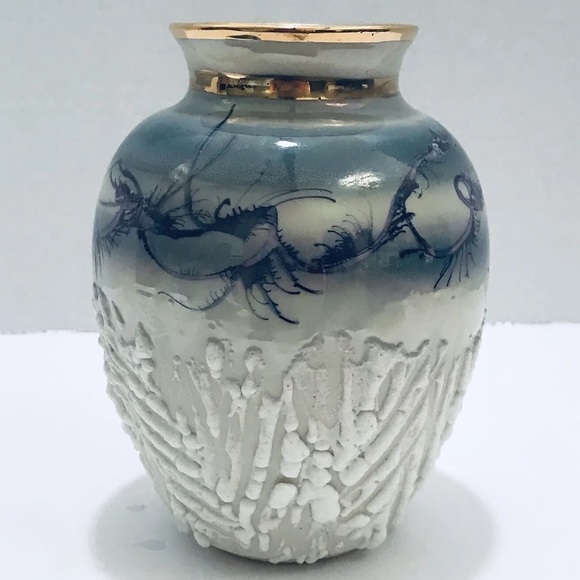 Vintage Cherish Porcelain Studio Vase Handcrafted Turquoise Gold Gilded 6" tall - Picture 1 of 7